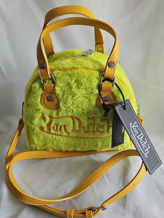 Von Dutch Handbags - Von Dutch Neon Yellow/green Faux Fur Mini Tote with Golden Yellow Trim